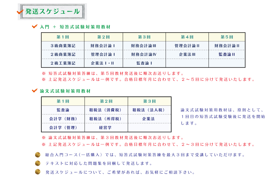 公認会計士講座 総合入門コースの教材発送スケジュール